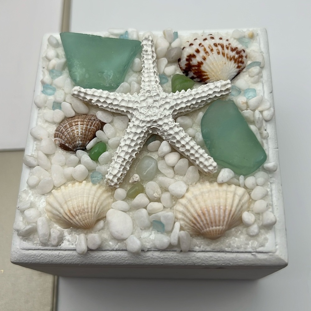 Wooden Box - Keepsake Box Oceanic Square Jewelry Box With Seashell And Starfish